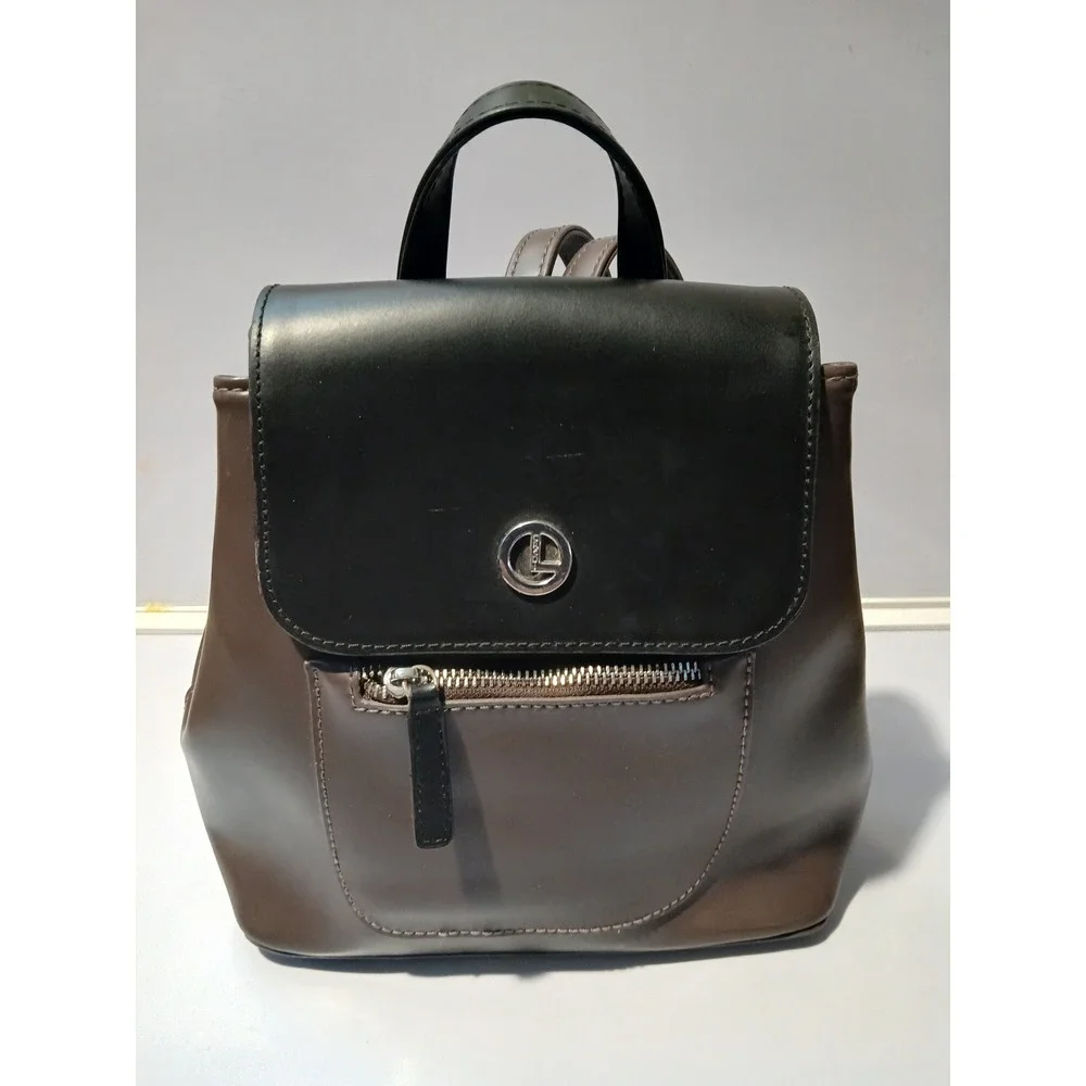 L CREDI Two Tone Leather Mini‎ Backpack Brown Black Flap Zip Pocket